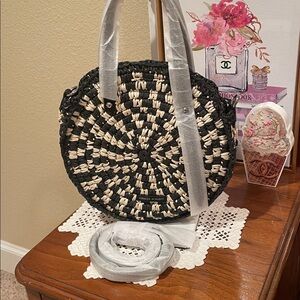 Rebecca Minkoff Black and Cream Woven Round Shoulder Bag